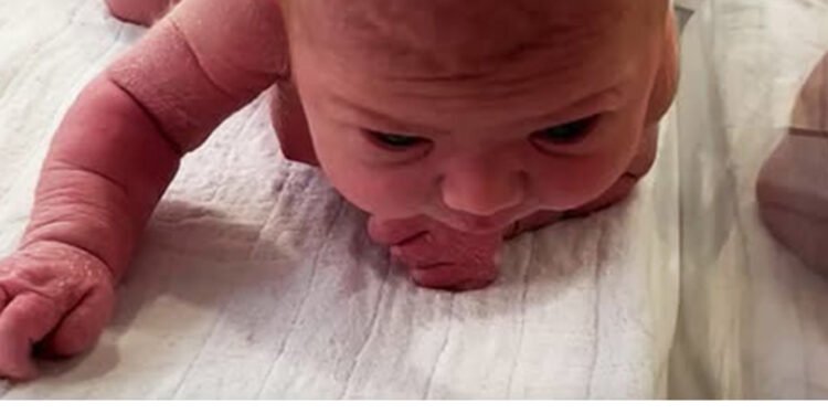 Newborn baby crawls across the hospital cot